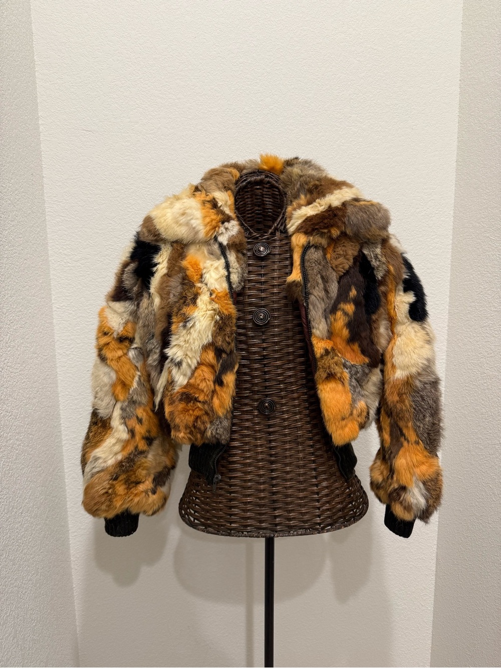 Vintage 70s 80s Patchwork Real Fur Bomber Jacket Calico (Size 5/6 XS/S)